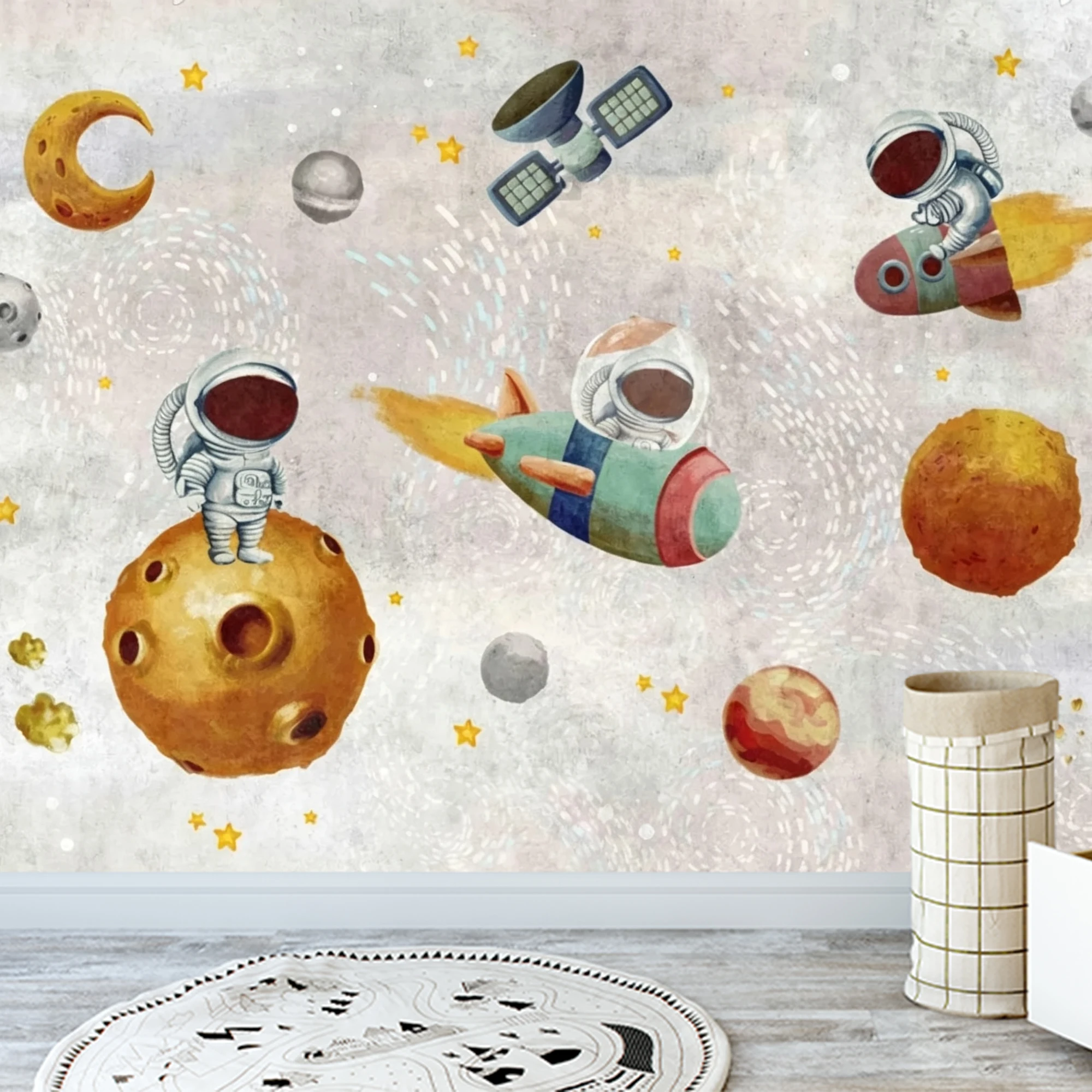 Custom 3D Mural Wallpaper Kids Space Peel And Stick Wall Mural Astronaut Rocket Planet Star Moon For Nursery Bedroom Home Decor