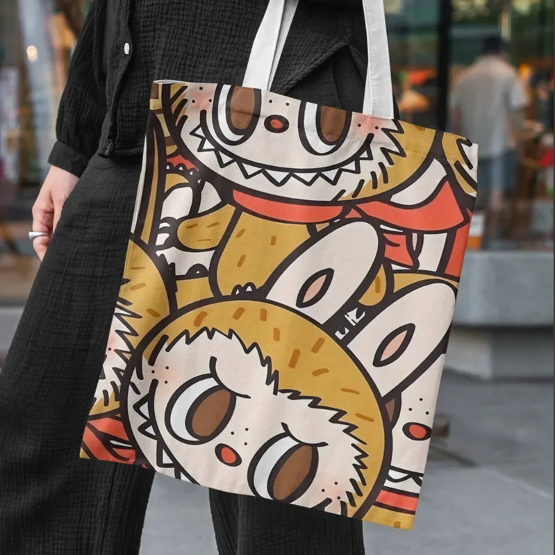 Lisa Same Labubu Canvas Bag Female Cute Cartoon Shopping HandBag College Casual Shoulder Anime Tote Bag For Women FJ07B