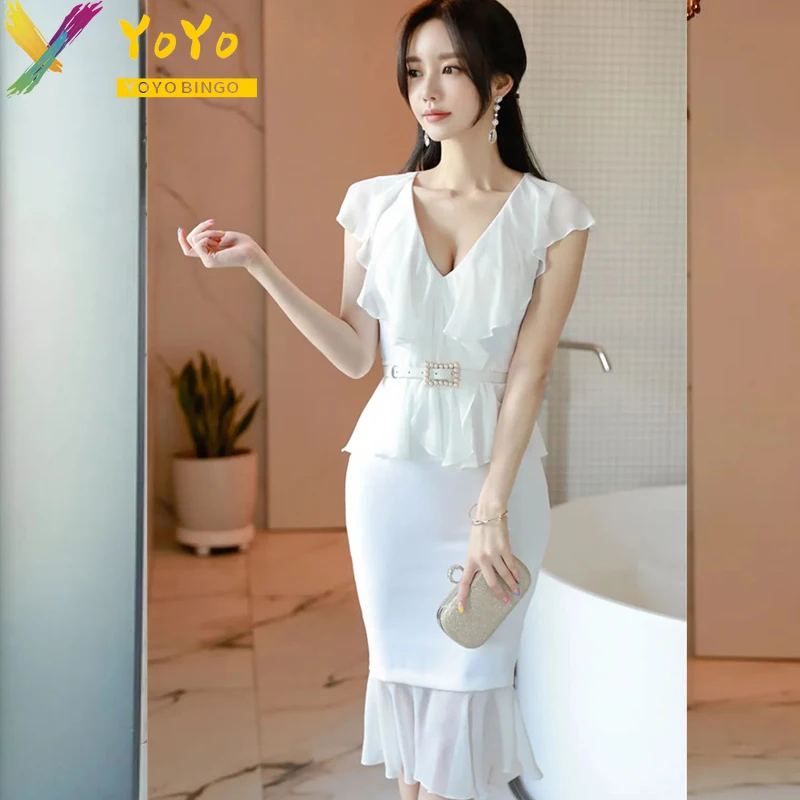 

2024 Summer White Ruffle Edge V-neck Sleeveless Belt Fishtail Dress Elegant Fashion Temperament Slim Bodycon Party Club Dress