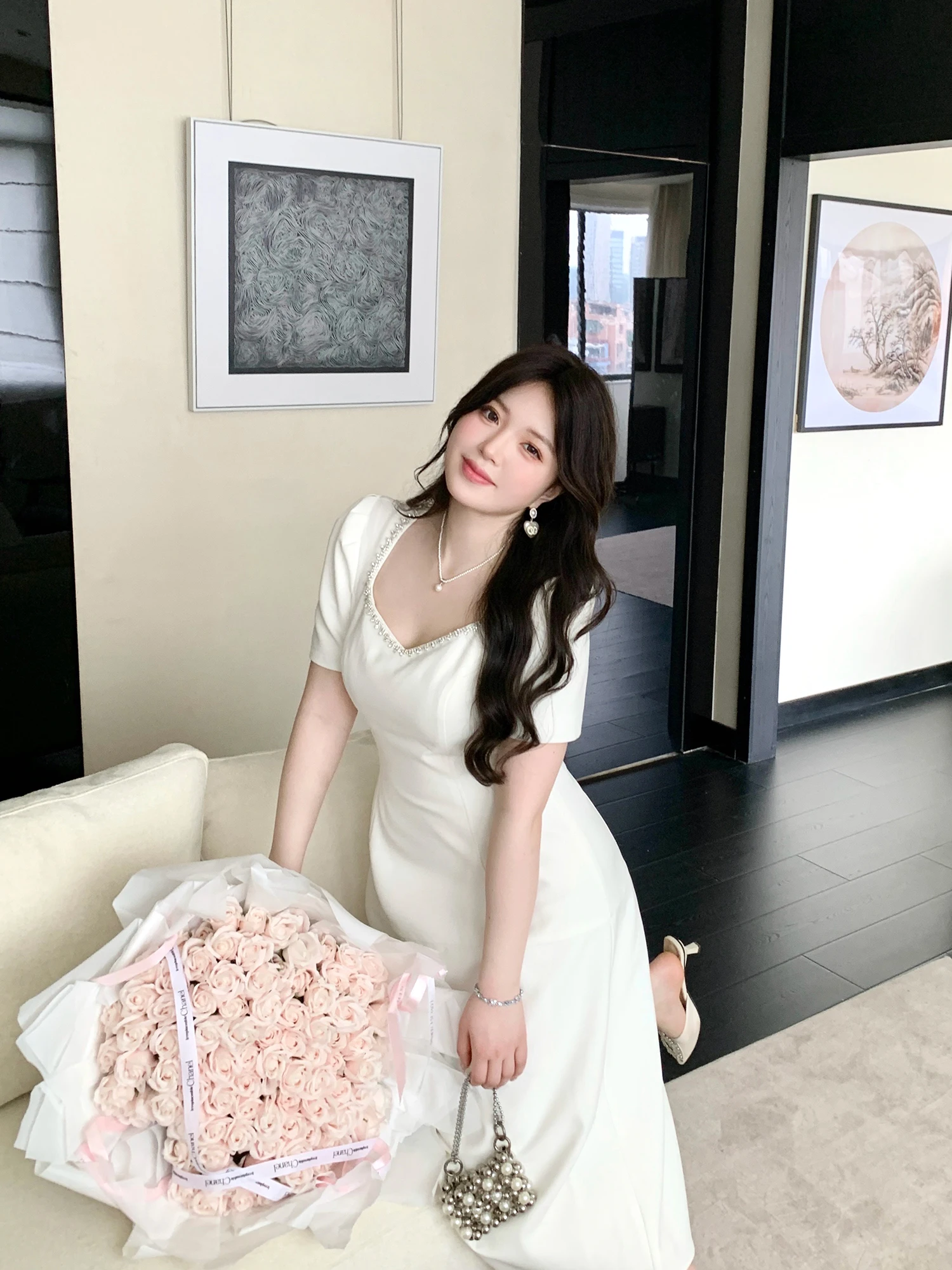 

Summer Luxury Long A-Line Dress Diamond Embellished Square Collar French Style Slim Fit High Waist Polyester Fiber Bubble Sleeve