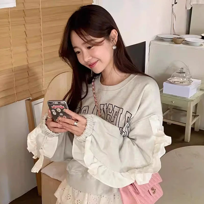 Chic Autumn Winter round Ne Letter Print Loose Fit Splice Long Sve Sweatirt Women's Faionable Agel Sle