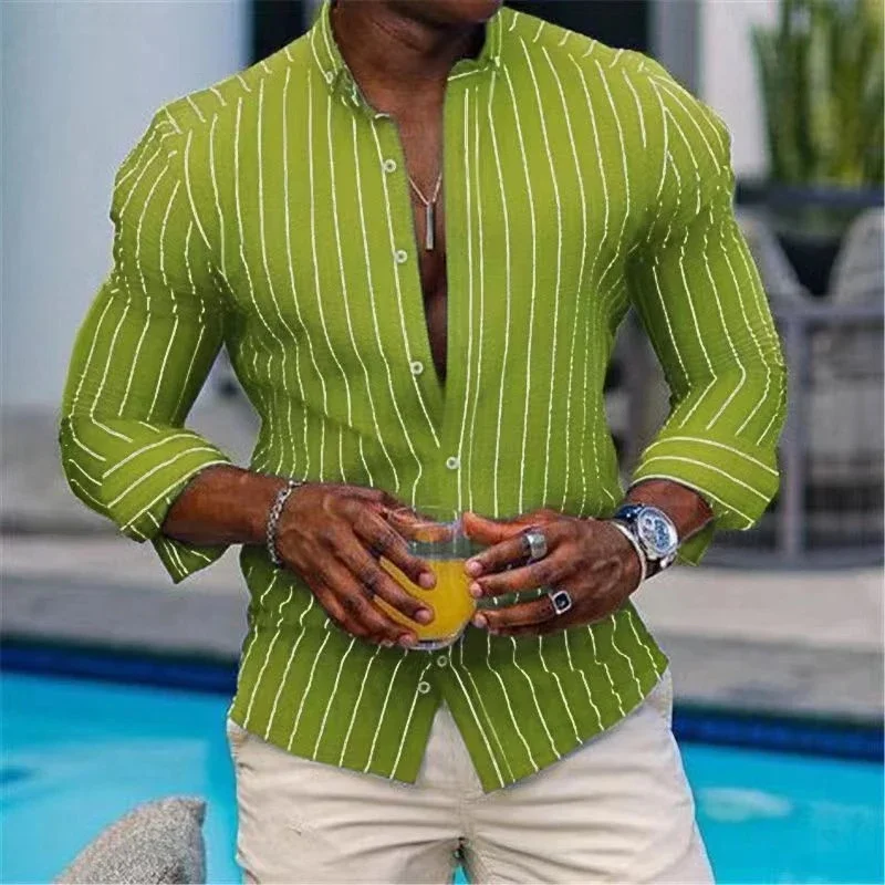 

Полосатая Молодежная рубашка с воротником-стойкой и длинными рукавами, мужская пляжная летняя рубашка с длинным рукавом, приталенный однобортный Топ MB1