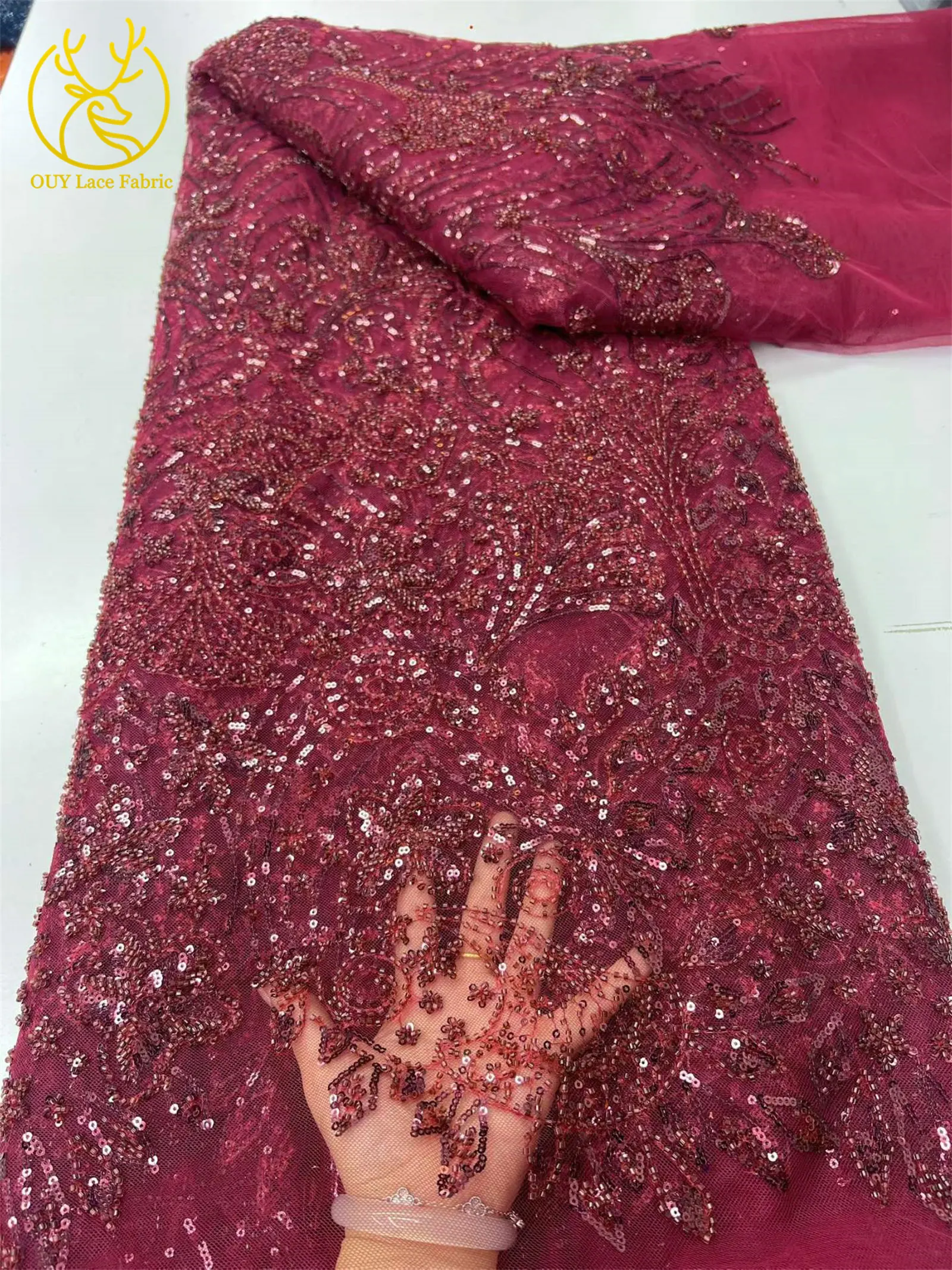 Grüner eleganter afrikanischer Perlen-Pailletten-Spitzenstoff, 5 Yards, hochwertige nigerianische Mesh-Tüllspitze für Damen, Abschlussball, Partykleid, Nähen – Detail 15