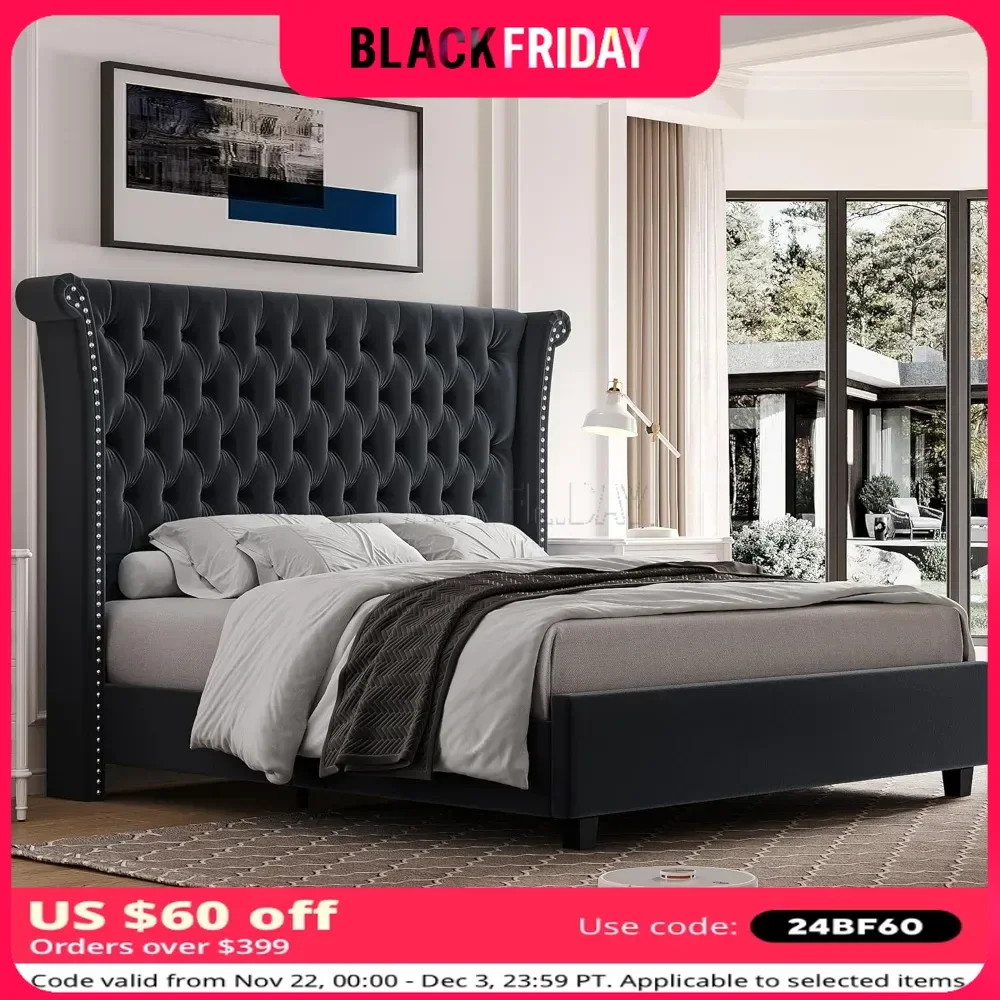 

Queen Size Bed Frame 54.3" Tall Platform Bed Plush Velvet Fabric Upholstered Bed, Button Tufted Wingback Headboard with Rivets