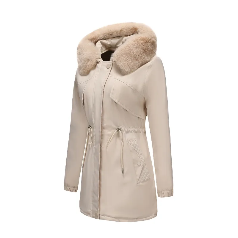 Women's Reversible Cotton Coat Knee-length Parka Slim Fit with Fur Collar Casual and Versatile Coat Detachable Windbreaker