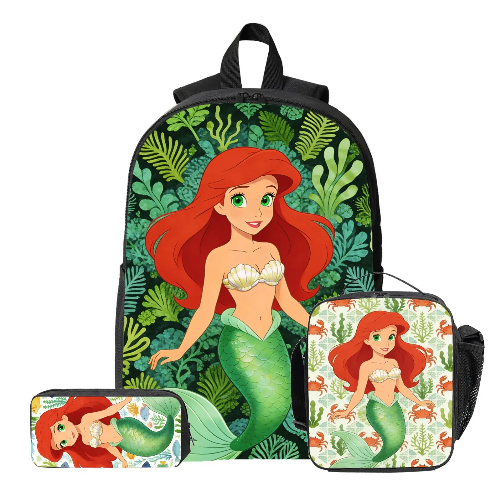 Mochila de princesa Ariel de Disney de 3 piezas, estuche para lápices, bolsa de almuerzo, bolso de hombro informal lindo de alta calidad para uso diario