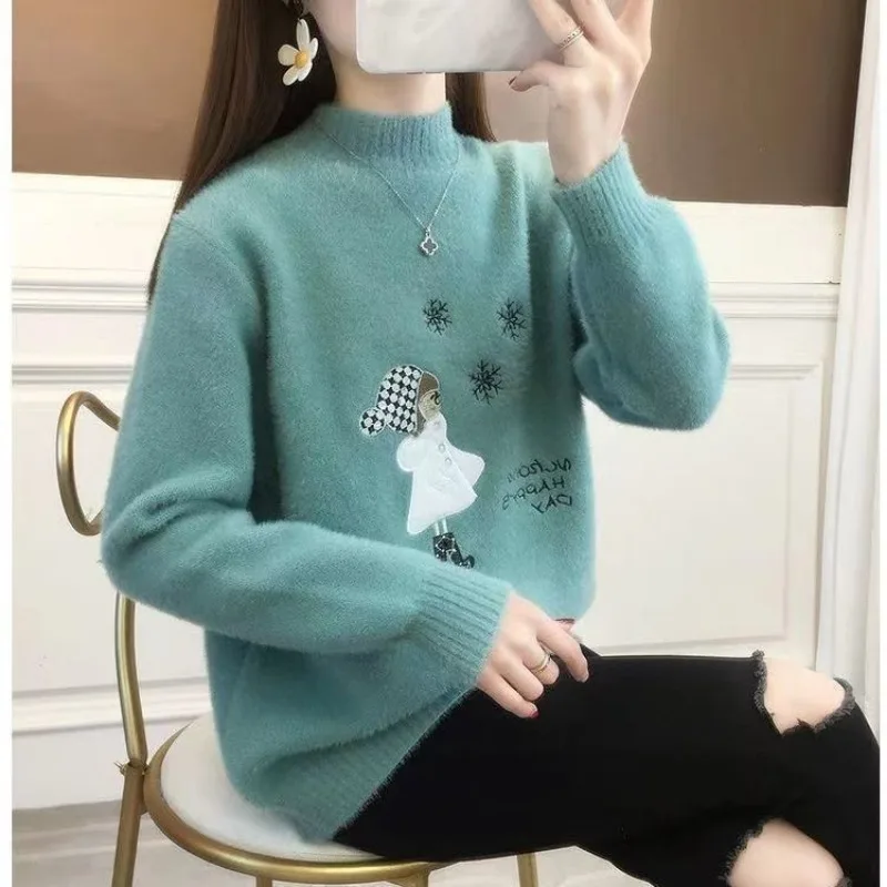 Ladies Autumn Winter Fashion Loose Cartoon Half Open Collar Long Sleeve Knitwear Women All-match Warm Knitting Bottoming Shirt