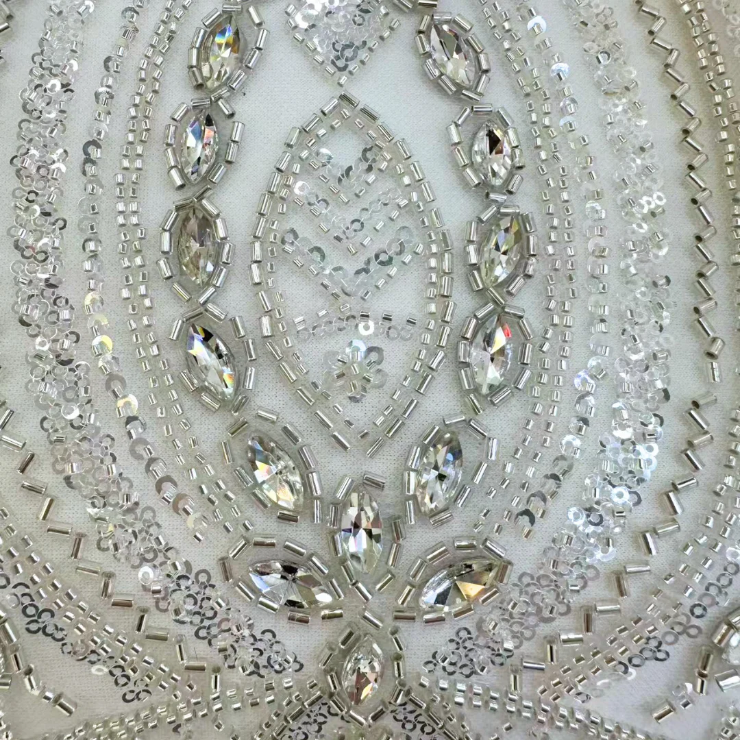 

Newest Rhinestone Sequin Beaded Lace Fabric Flowing Line Embroidery Tulle Mesh Material For Wedding Dress Sewing by 5 yards