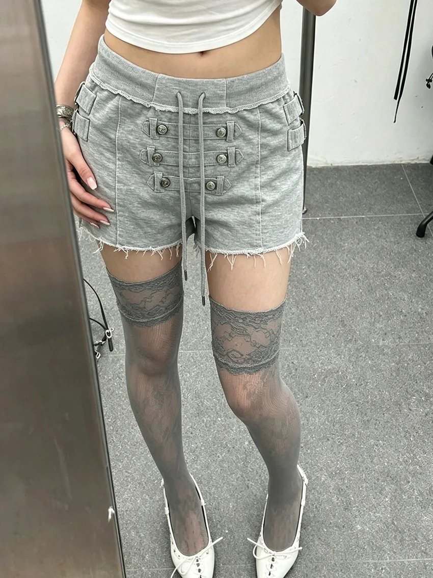 Y2K E-girl Women Raw Hem Sweat Shorts Multi Button Decor Straps Drawstring Waist Fashionable Gothic Punk Harajuku Casual Shorts