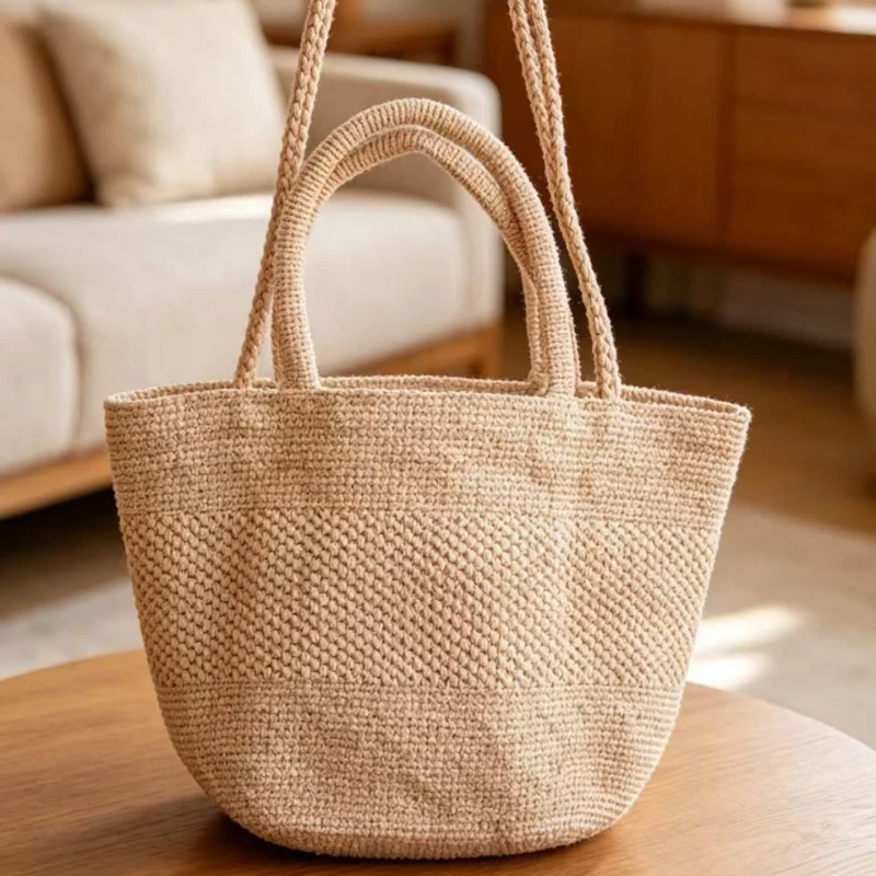 Handgewebte Raffia-Stroh Strandtasche, Leichte Vielseitige Sommer-Umhängetasche für Pendeln und Reisen, Einfarbige Tragetasche – Detail 2