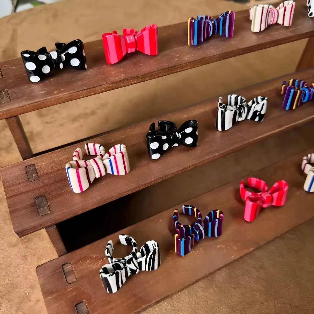 Vintage Colorful Bowknot Simple Acetate Material Polka Dot Fashion Butterfly Knot Open Rings for Women Friend Cute Sweet Gifts