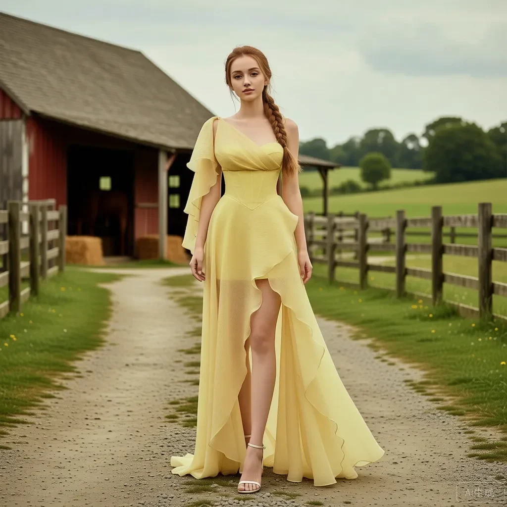 

Elegant Yellow Asymmetrical Long Gown with Ruffled Cape Sleeve High Slit Backless Evening Dresses Formal Prom Wedding Guest Maxi