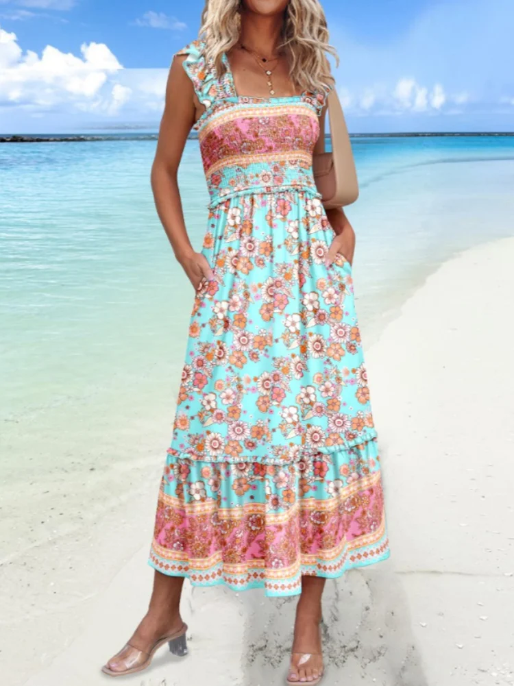 GELITAYIN Summer Women's Printed Vest Long Skirt Elegant Elastic Beach Dress Casual Sleeveless Style8051