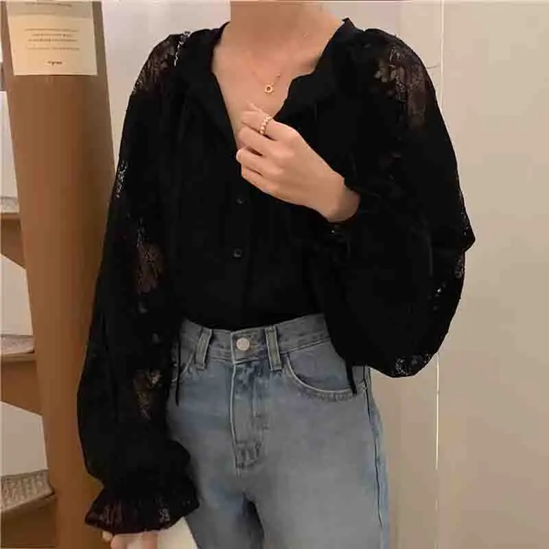 New Sexy Hollow Out Flower Lace Women\'s Blouse Casual Lantern Long Sleeve Loose Shirt Spring Fashion Lace-up Black Tops 10202