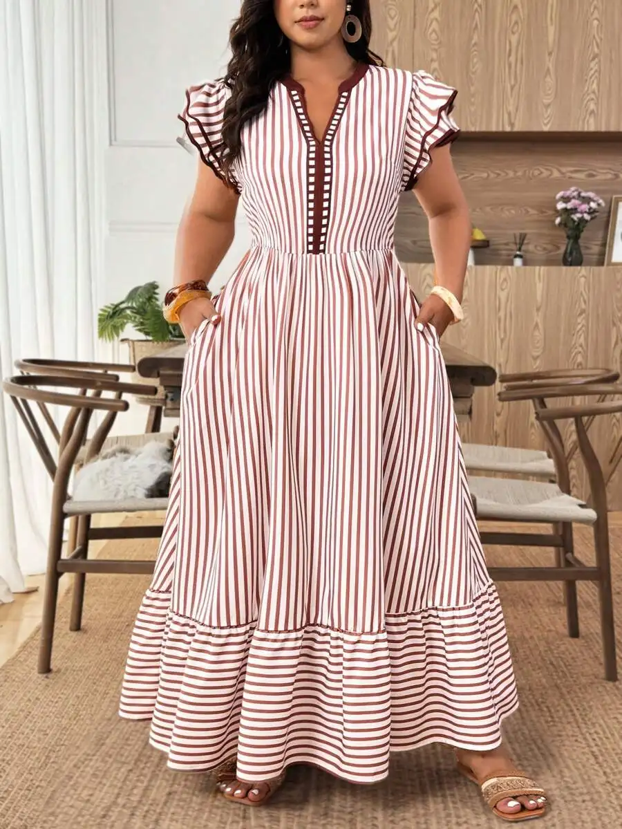

Plus Size Women Casual Striped V-Neck Contrast Trim Flare Sleeve Maxi Dress For Spring Summer