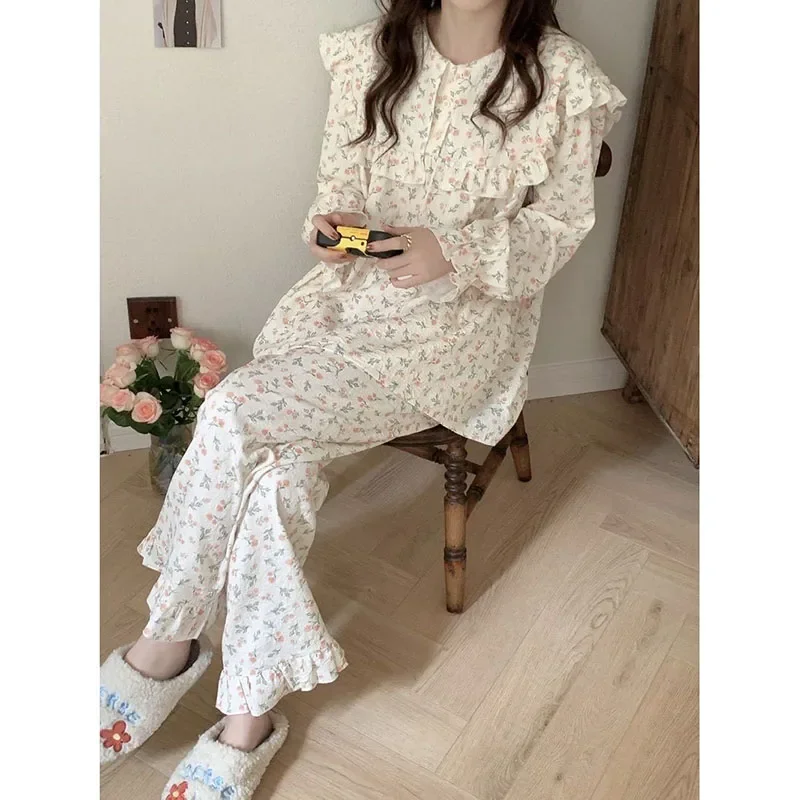 Ruffles Sleepwear Floral Print Women Pajama Suit Fashion Spring Long Sleeve Sets for Women 2 Pieces Korean Piiama Pants 2024 New