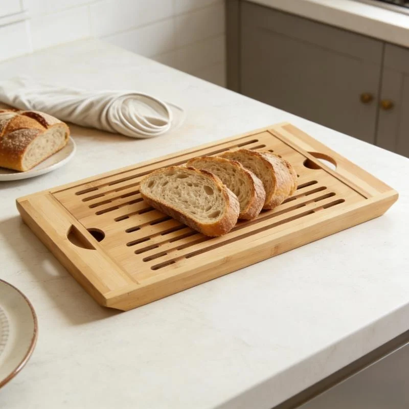 Bamboo Bread Cutting Board with Crumb Tray - Double Layer Wooden Bread Slicer with Handle, Kitchen Countertop Bread Storage Tray