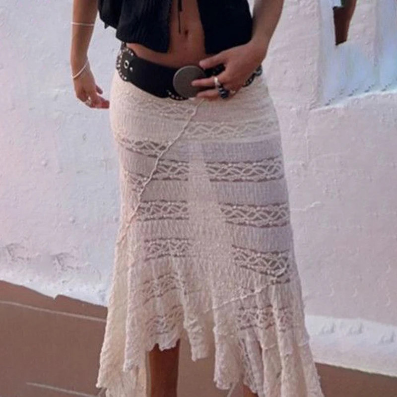 Tuularose Lace Irregularly Long Skirt For Women Hollow See Through High Waist Skirt Female Beach Vacation Casual Fashion Skirts