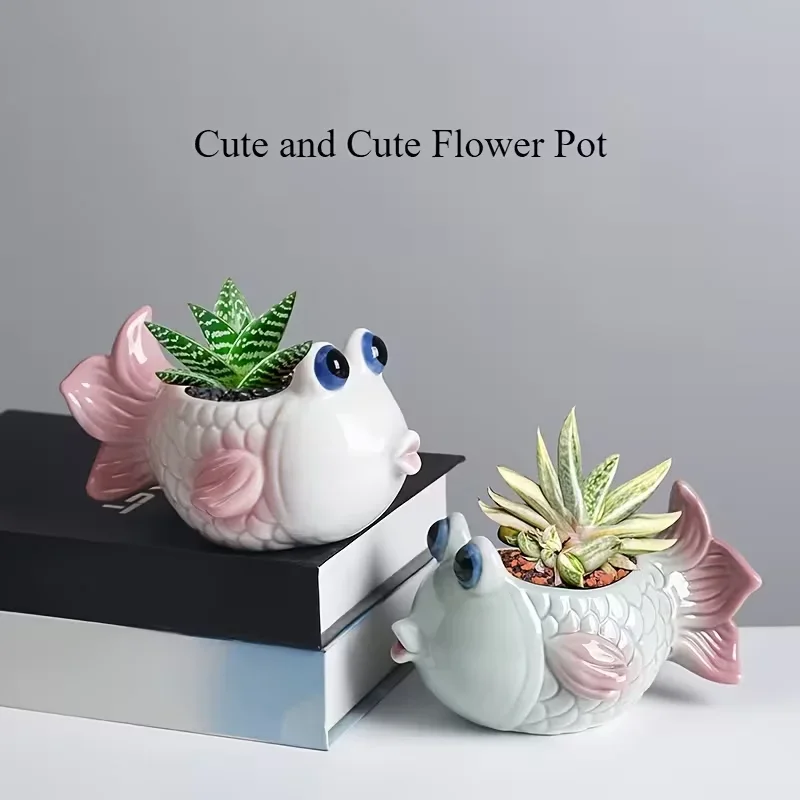 Tropical Fish Ceramic Succulent Planter Funny Animal Plant Pot for Home Office Desktop Decor Gift
