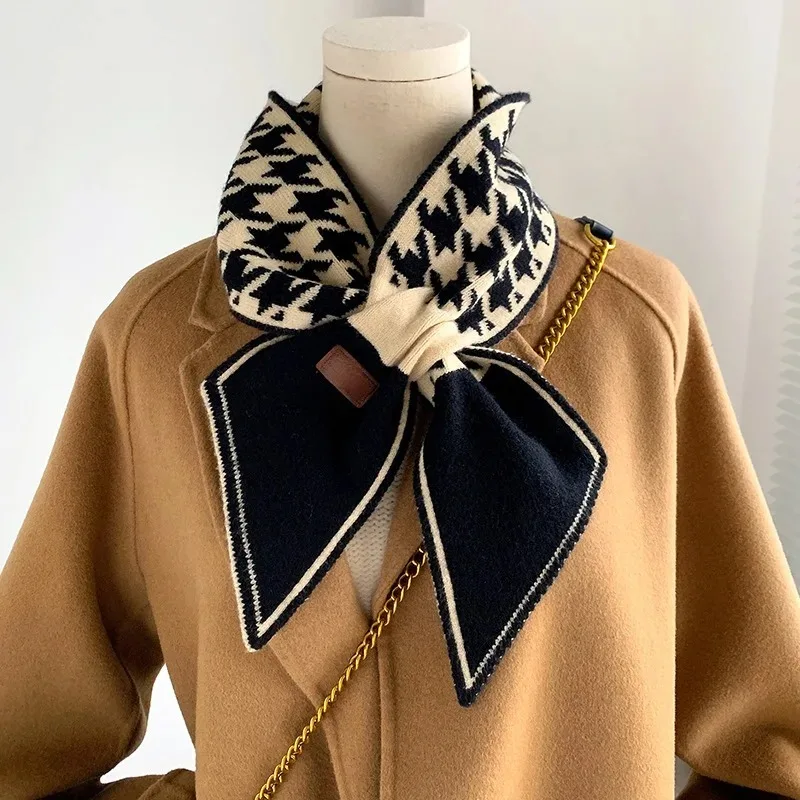 

Warm Cashmere Neck Tie Scarf For Women Plaid Neckerchief Knitted Scarfs Long Skinny Small Scarves Bandana Female Foulard 2023