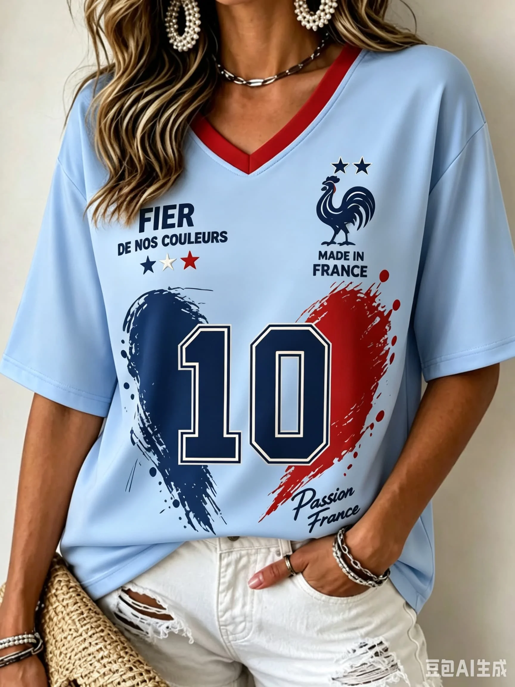 2026 New Women France No.10 Mbappé Football Jersey V Neck Short Sleeve Print Blue White Red National Team Fan Sports T-shirt