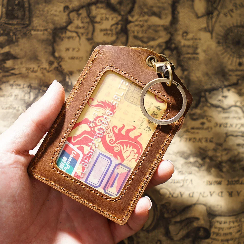 100% Genuine Leather Business Credit ID Card Holder with Key Ring Keychain Staff Work Card Holder Employee's Card Case