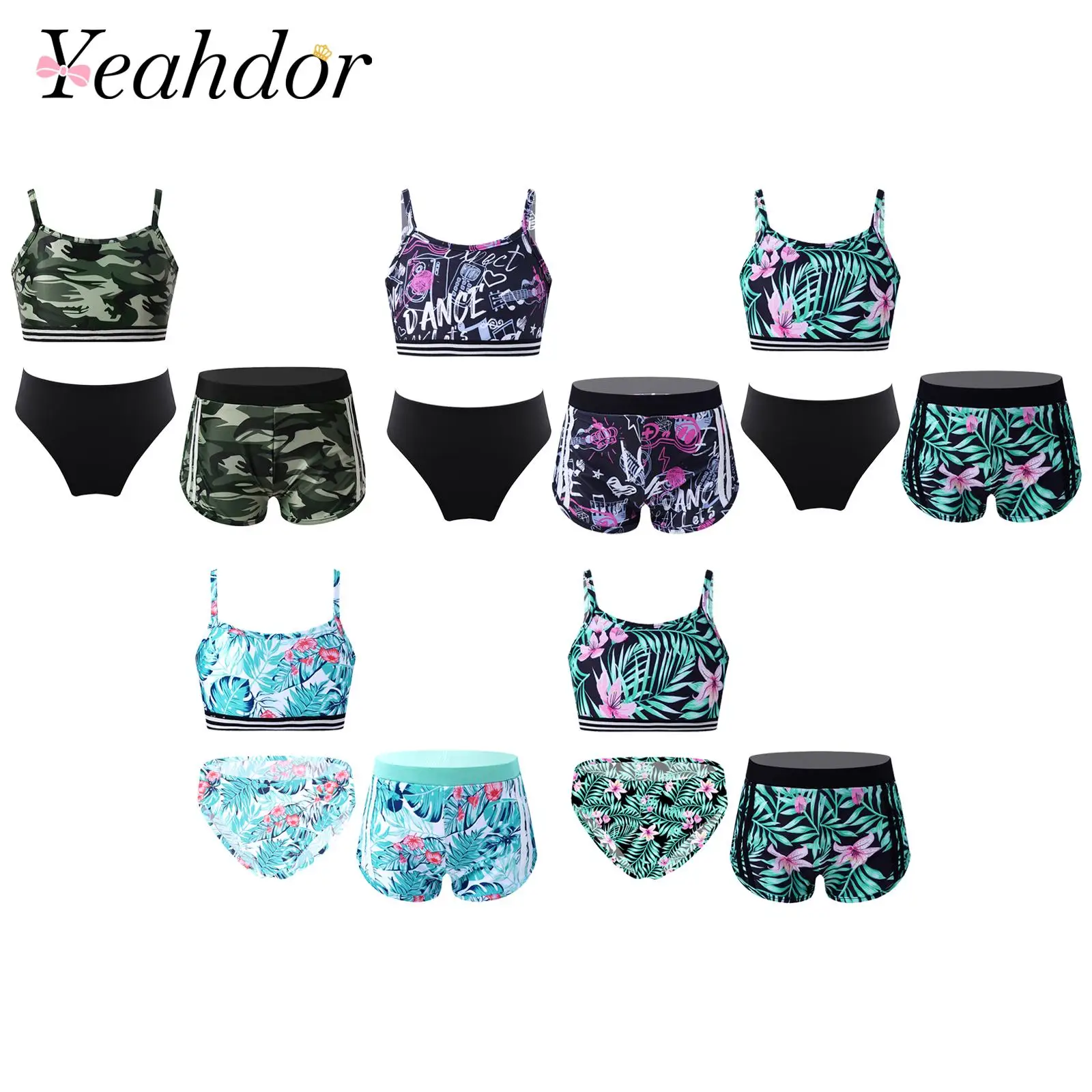 Spaghetti Straps Printed Swimming Suit Children's Swimwear Girls Tankini Swimsuit Set Beach Wear Crop Top Shorts Briefs Sets