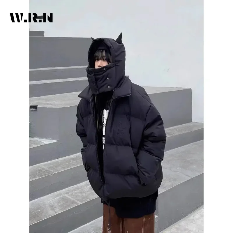 Black Devil Style Zipper Parkas Warm Black Gothic Thicken Jacket 2024 Winter Women Casual Coat Vintage Fashion 2000S emo Clothes