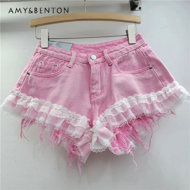 

Women Lace Trim Spliced Denim Shorts Loose Slim A-line Wide Leg Booty Pants Fashion High Waist Casual Daily Ladies Jeans Bottoms