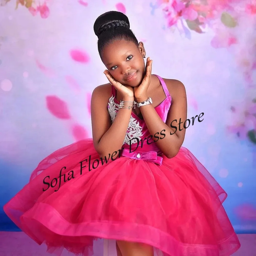 

Hot Pink Spaghetti Straps Flower Girl Dress Knee Length Lace Appliques Sleeveless Dresses Girls First Communion Birthday Gowns