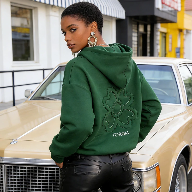 

Модная повседневная толстовка 2026 года в винтажном стиле на молнии с 3D-вышивкой четырехлистного клевера, оверсайз, для уличной моды