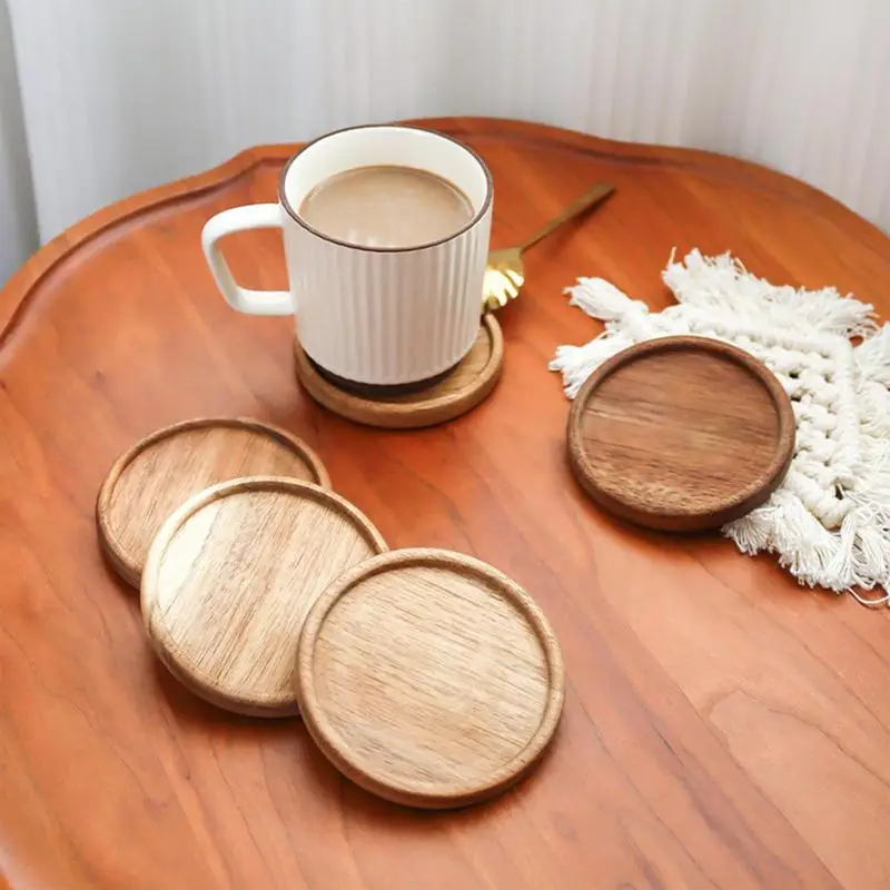 Acacia Wood Cup Coasters Coffee Mug Holders Anti-Scalding Round Drinks Mat Beer Coasters With Lip Modern Tableware Supplies