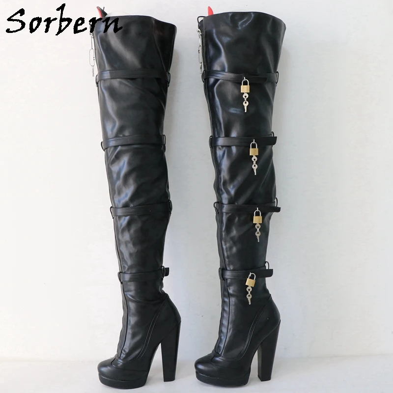 Sorbern Black Long Boots Women With Locks Red Tongue Block High Heels Lockable Zippers Platform Round Toe Shoes Custom Wide Legs