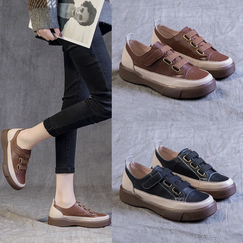 2023 New Spring, Summer and Autumn Oversized Retro Cowhide Single Shoes Women\'s Flat Round Toe Soft Bottom Low-top Shoes