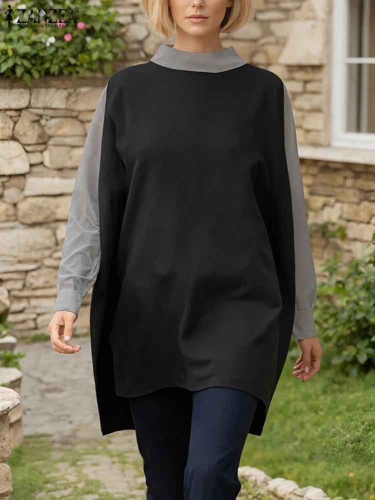 

ZANZEA 2021, стильные осенние лоскутные топы с длинными рукавами, женская блузка, женские пуловеры, длинная рубашка контрастного цвета, рабочие Blusas Mujer