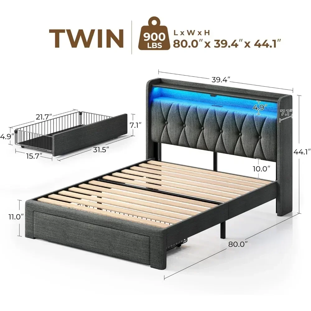 Twin Bed Frame with Drawer, Storage Headboard with Charging Station and LED Lights, Upholstered Bed with Heavy Duty Wood Slats