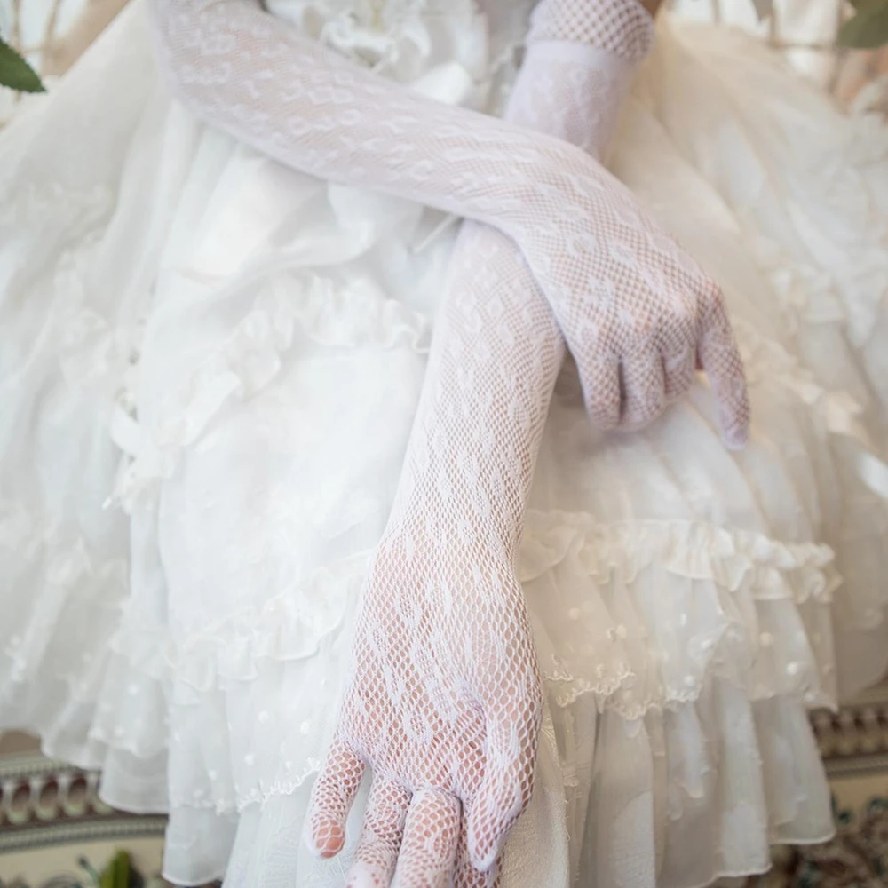 Women Retro Sun Protection White Bridal Mesh Hand Sleeve Lace Mittens Lolita Long Gloves Dots