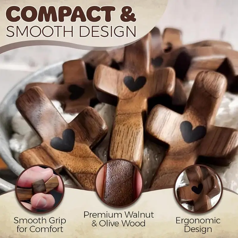 New Heart-shaped Black Walnut Wood Thumb Cross Solid Wood Hand-held Piece For Easter Prayer Church Decoration