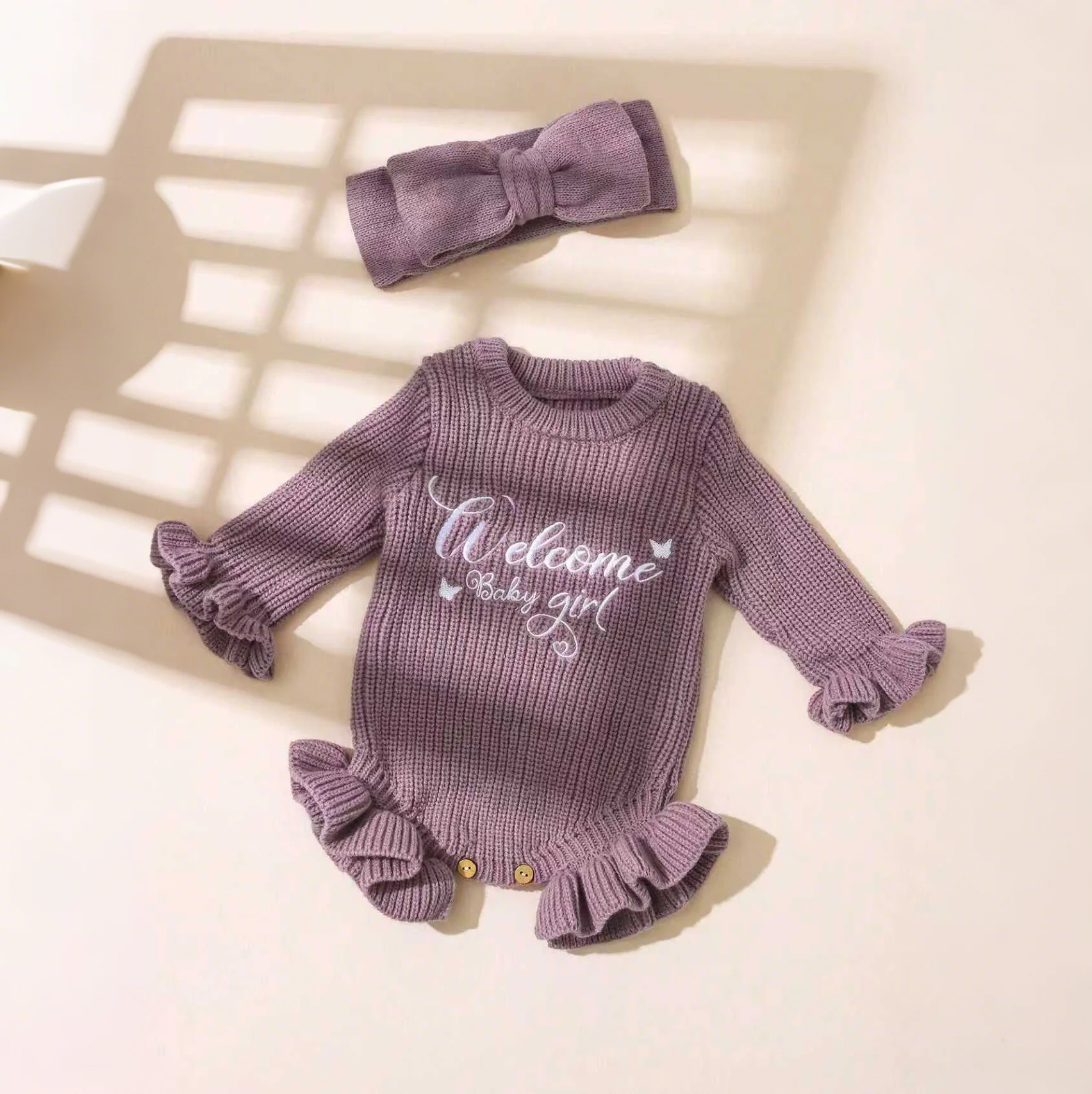 Ylsteed borboleta bordado tricô recém-nascido plissado macacão com arco bandana bebê menina fotografia roupas camisola de malha