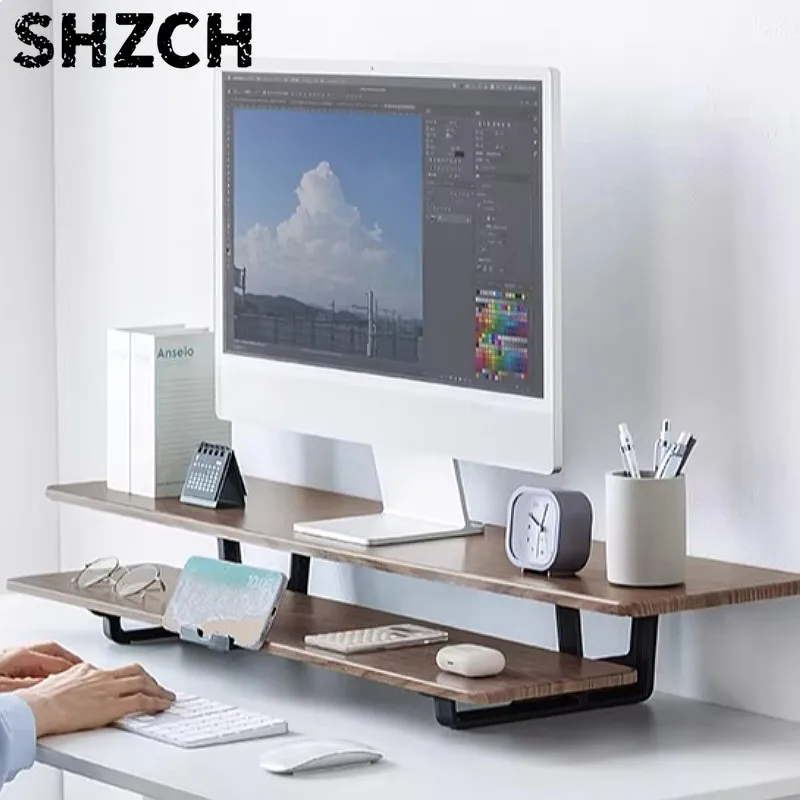 Double Decker Monitor Stand 2-Tier Computer Screen Riser with Phone Holder Storage Desk Organizer