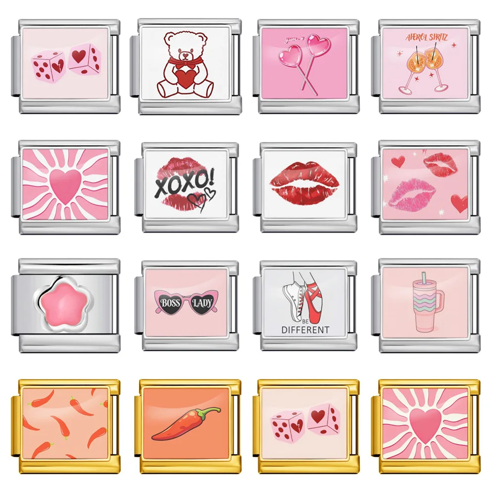 Fashion Pink Series Love Dice Big Red Lips Headphones Italian Link Fit 9mm Stainless Steel Bracelet Making DIY Charm Jewelry