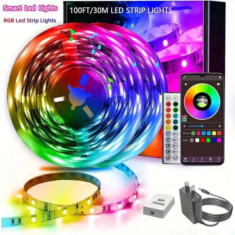 100ft(2 Rolls Of 50ft)LED Strip Lights For Bedroom,Smart Rope Stripr Lights With 44-Key Remote,RGB Color Changing Music Sync