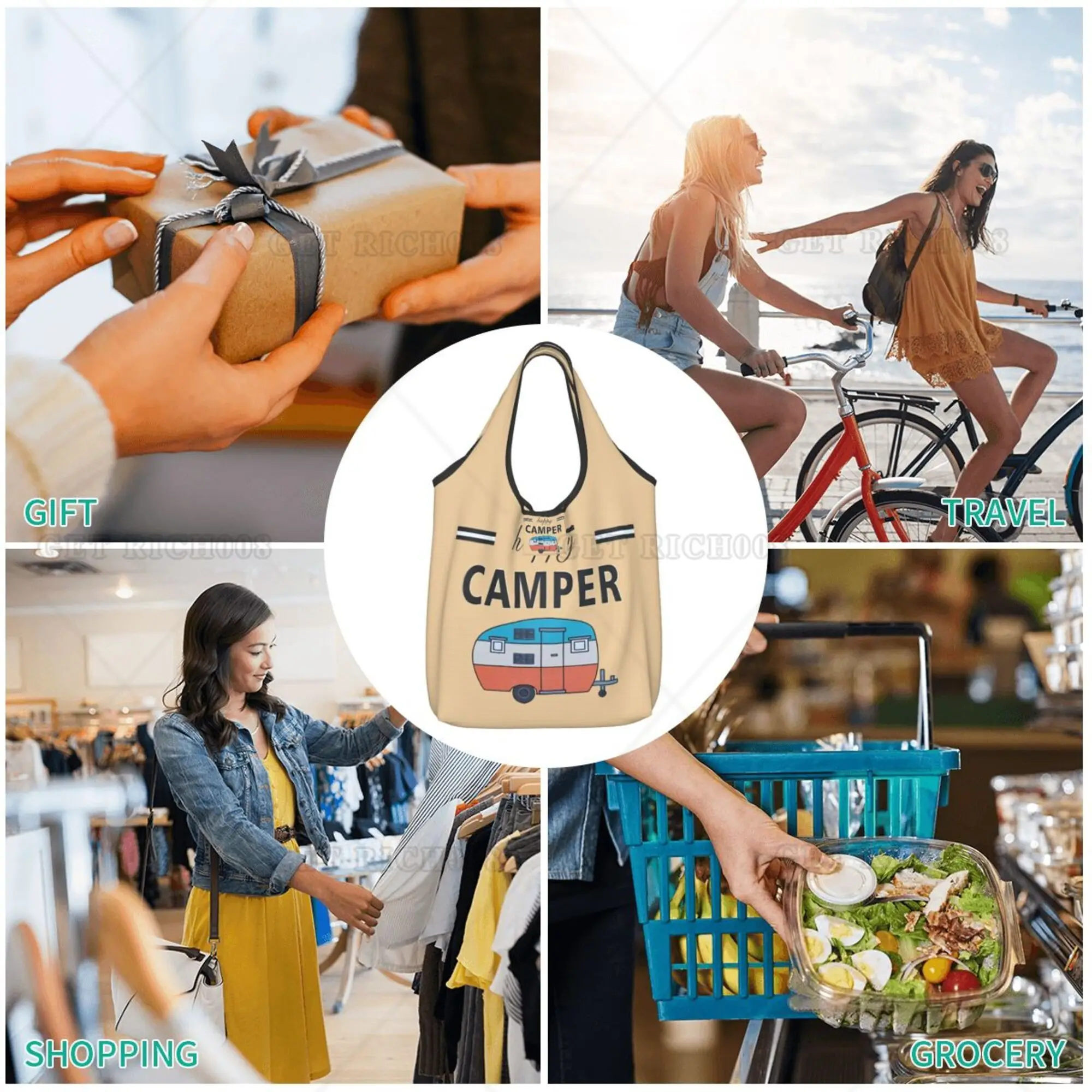 Happy Camper Shopper Bag Portable Shopping Bag Women Men Bag Recyclable Grocery Bags Tote Bag Eco Bag No Zipper