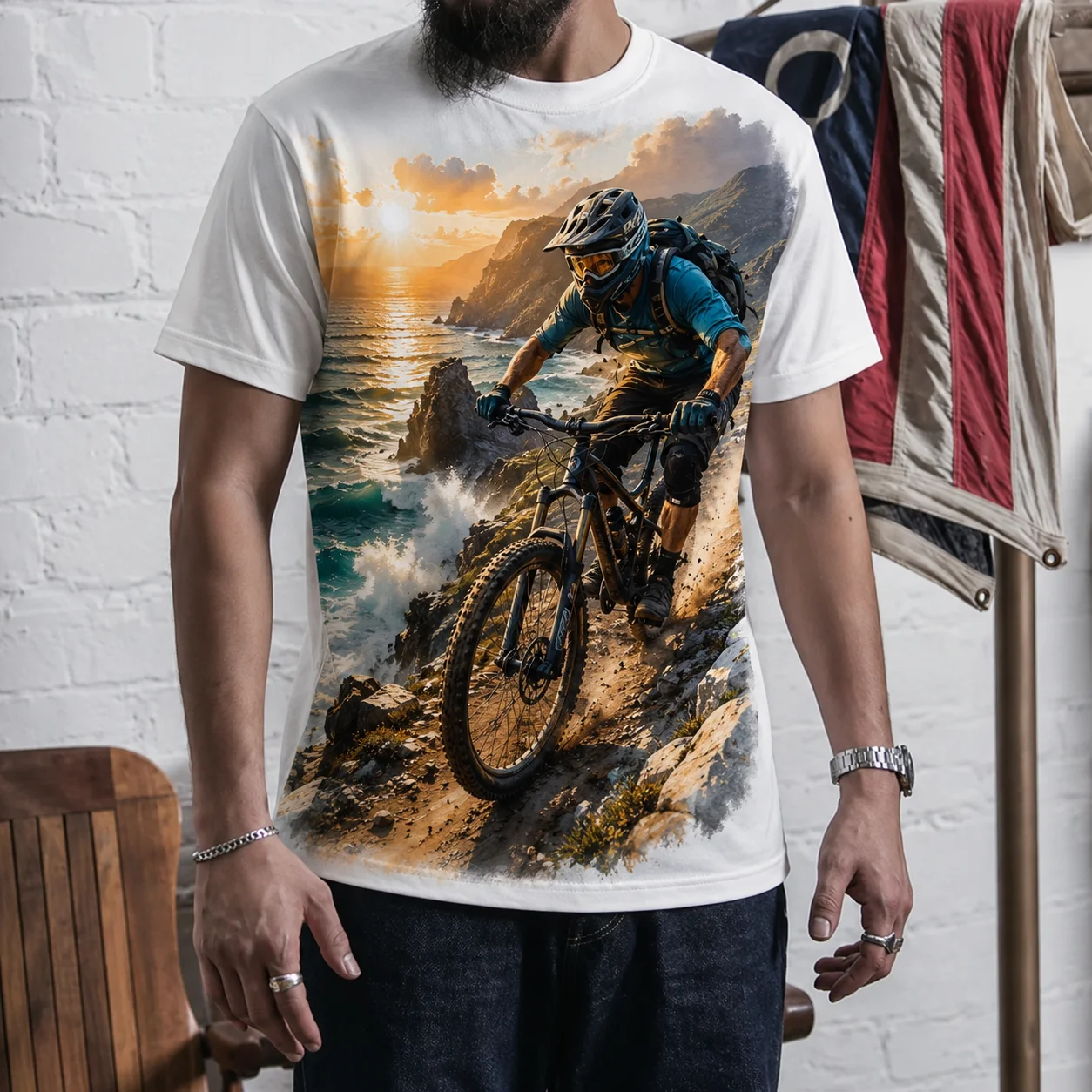 Men’s Mountain Bike T Shirt Lava Trail Extreme Downhill Cycling Graphic All Over Print Short Sleeve Crew Neck Outdoor