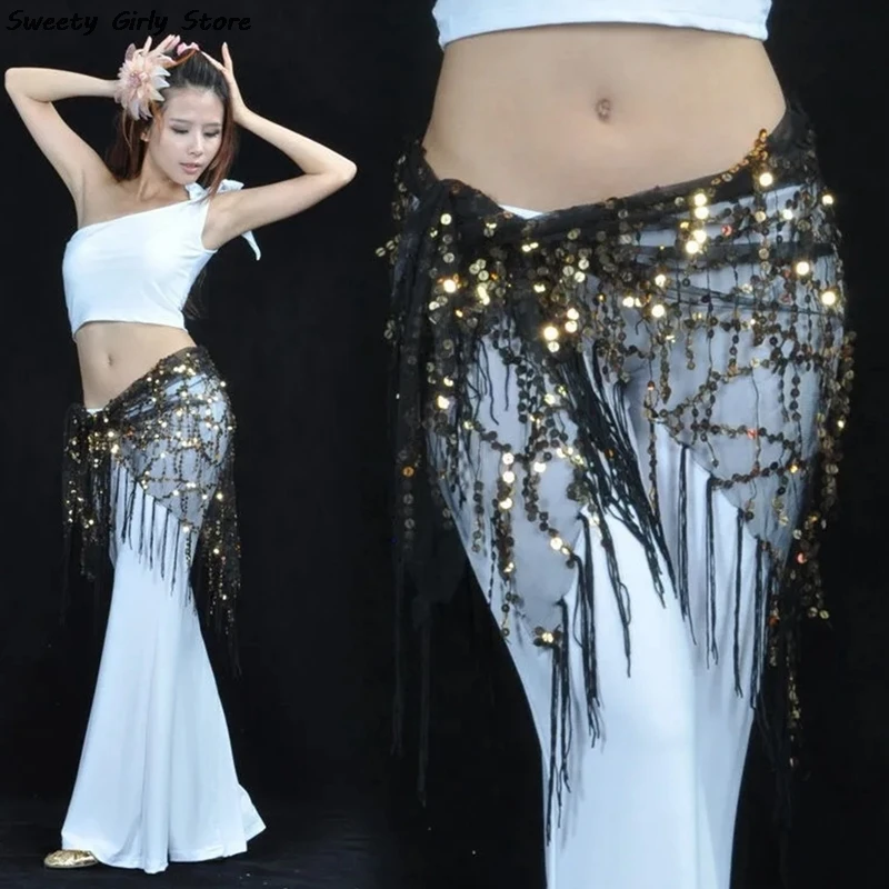 Women Dancing Performance Hip Scarf Sequins Coin Belly Dance Chiffon Skirt Indian Practice Waist Chain Shiny Belts Clubwear