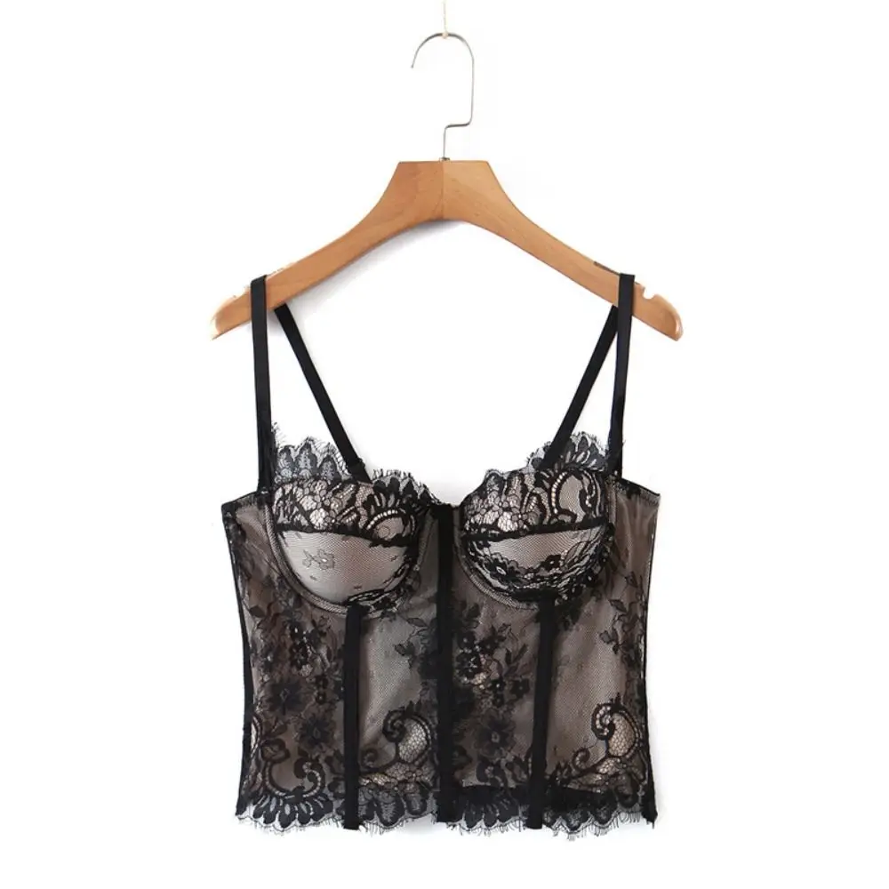 Fashion Hollow Lace Camisole Transparent Slim fit Lace Corset Tanks Streetwear Crop Tops Spring Summer