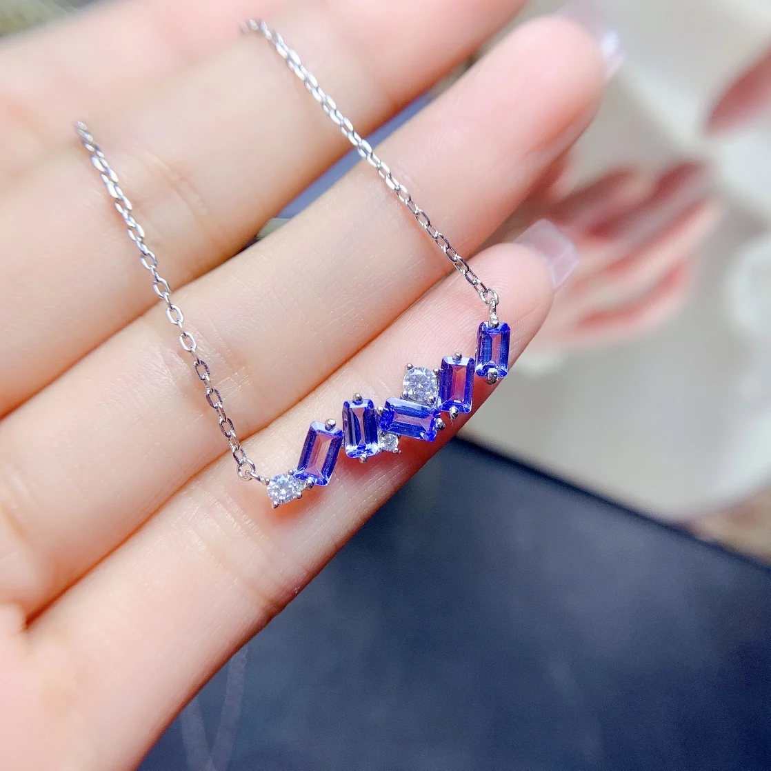 

Natural Tanzanite necklace chain row, 3x5mm square gemstone, 925 sterling silver setting, fashionable holiday gift for women