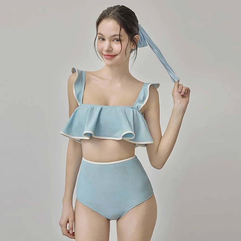 Niebieski strój kąpielowy z wysokim stanem Kobiety 2024 Seksowny dwuczęściowy strój kąpielowy Wyściełany kostium kąpielowy Koreańskie bikini z falbanką Letnia odzież plażowa Monokini