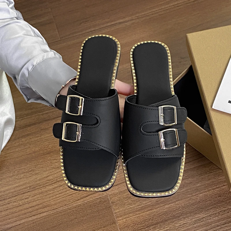 2026 New Summer Women Trendy Slippers Fashion Chic Outdoor One-Strap Slides Hong Kong Style Flat Casual Sandals Slides Women