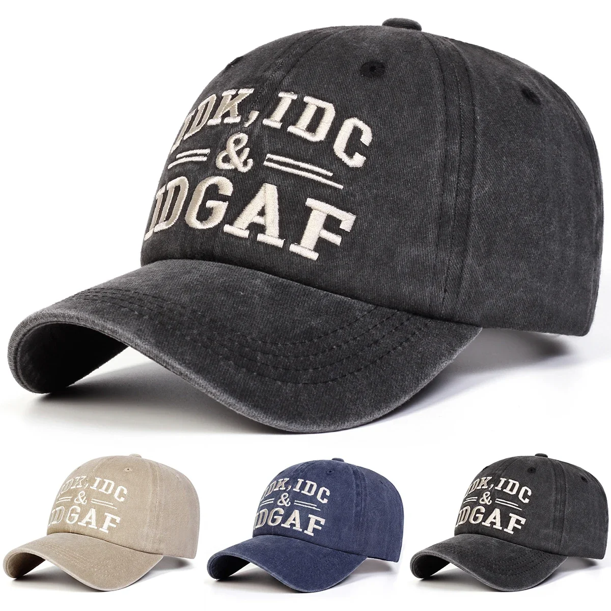 Unisex IDK IDC&IDGAF Buchstaben-Stickerei Gewaschene Baseballkappe Frühling Herbst Outdoor Verstellbare Freizeitkappe Sonnenschutzkappe Sportkappe – Detail 1